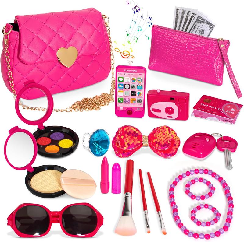 Christmas gift  Little Girls Play Purse with Pretend Makeup Kit for Toddlers, Princess Pretend Play Girls Toys, Kids Play Purse Set with Phone Camera Wallet Sunglasses Car Keys Pretend Toys for Girls Age 3+