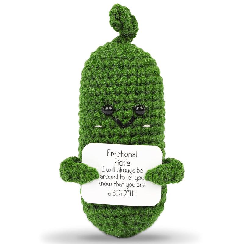 Handmade Emotional Positive Pickle Gift, Cucumber Crochet Doll Inspirational Gifts with Cards, Cute Knitted Cucumber Mini Funny Support Pickle Potato Friend Birthday Gifts (Emotional Pickle)