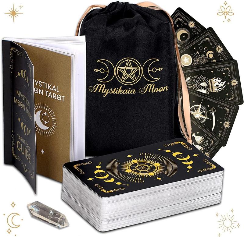 Moon Tarot Cards Set with Guide Book - 78 Original Tarot Cards Deck - Astrology Unique Deck with Healing Crystal - Hand Drawn True Black Tarot Cards - Modern Witch Tarot Deck with Pouch