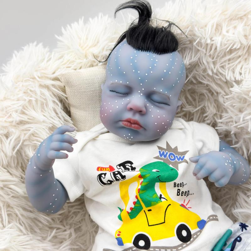 An Avatar-inspired reborn doll, 19 inches tall, handmade in vinyl, with realistic newborn skin textures and visible blood vessels, hair implants, suitable for children 3-6 years old - beige cloth body collection doll