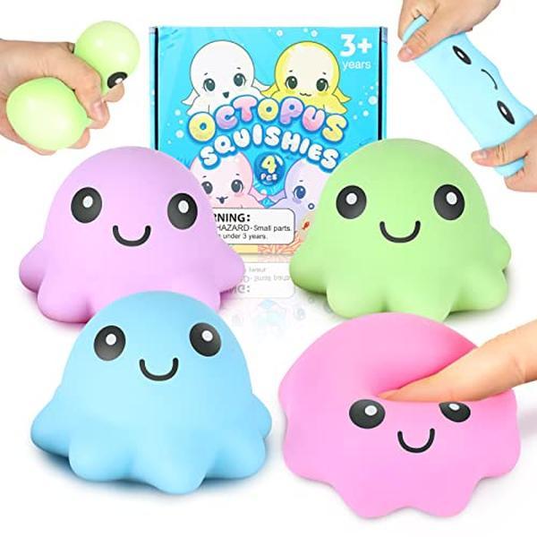 Octopus Stress Balls for Kids 4 Pack: Octopus Squishy Balls Squeeze Toys - Stress Relief Ball for Children - Sensory Toy for Hand Grip, Classroom Prizes Party Favors