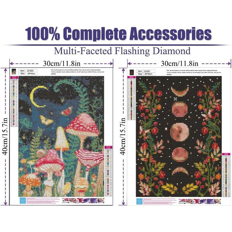 2 Pack Diamond Painting Kits for Adults,5D DIY Mushroom Forest Full Drill Round Art Gems with Moon Diamond Art Perfect for Home Wall Decor Diamond Dotz Inch12x16