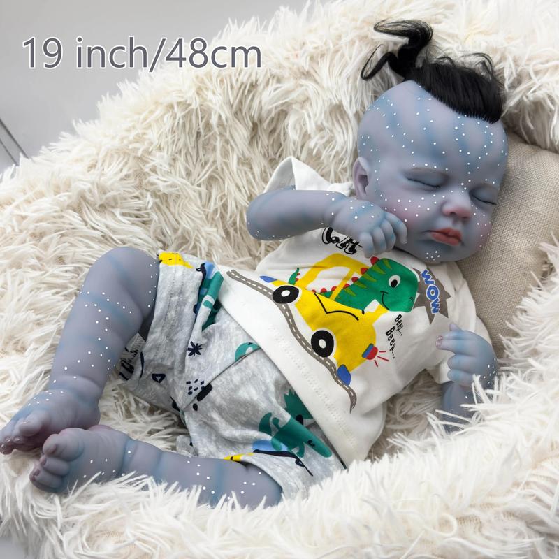 An Avatar-inspired reborn doll, 19 inches tall, handmade in vinyl, with realistic newborn skin textures and visible blood vessels, hair implants, suitable for children 3-6 years old - beige cloth body collection doll