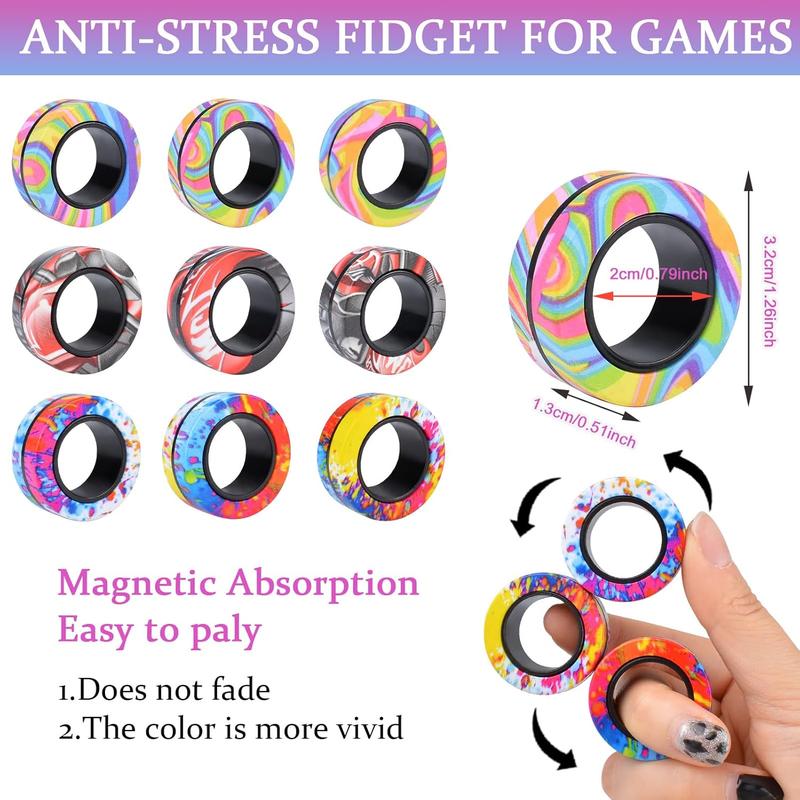 9Pcs Magnetic Rings Fidget Toy Set, ADHD Anxiety Magnetic Fidget Toys Adults Fidget Spinner Rings for Relief, Gifts for 8+ Year Old Teen Boy Girl