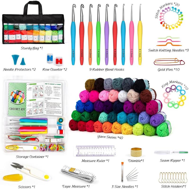 113 count Crochet Kit with Yarn Set- 1600 Yards Assorted Yarn for Knitting and Crochet, 73 count Crochet Accessories Set Including  Hooks, Knitting  & More Ideal Beginner Kit