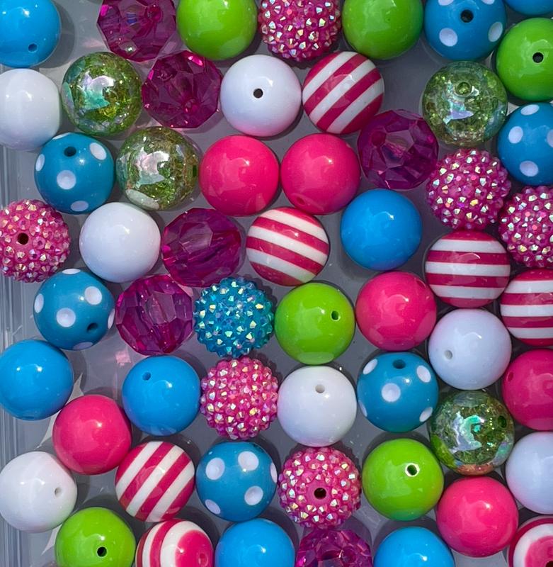 Powder Puff Mix - 20mm Bubble Gum Bead Mixes, Hot Pink, Green and Blue Chunky Bead Mixes