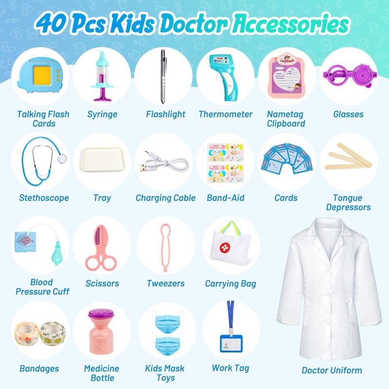 Doctor Kit for Toddlers 3-5, 40 Pcs Kids Doctors Play Set with Talking Flash Cards, Stethoscope, Pretend Play Medical Kit for Kids, Christmas Birthday Gifts for Kids Toddlers