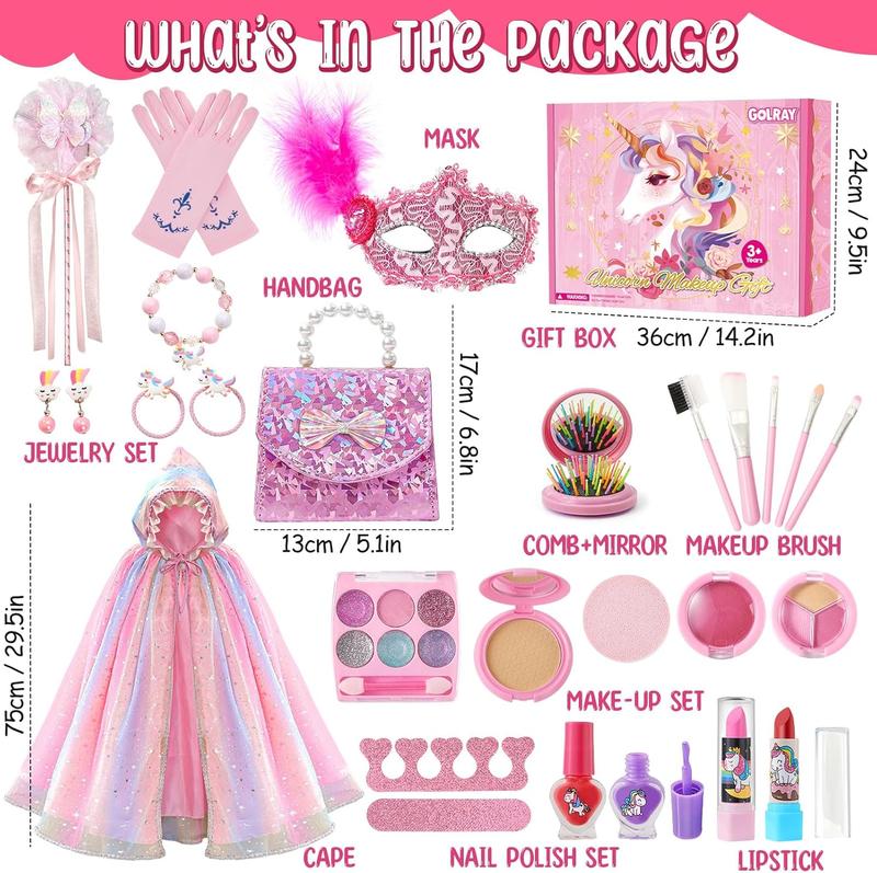 Christmas gift Unicorn Gifts for Girls Toy Kids Makeup Kit with Princess Dress Up Set & Cloak & Purse & Mask & Real Make up & Jewelry, Birthday Gift Toy for Little Girl Toddlers Age 3 4 5 6 7 8 Year Old