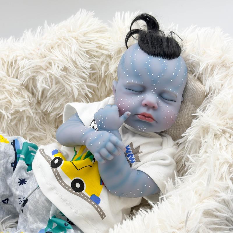 An Avatar-inspired reborn doll, 19 inches tall, handmade in vinyl, with realistic newborn skin textures and visible blood vessels, hair implants, suitable for children 3-6 years old - beige cloth body collection doll