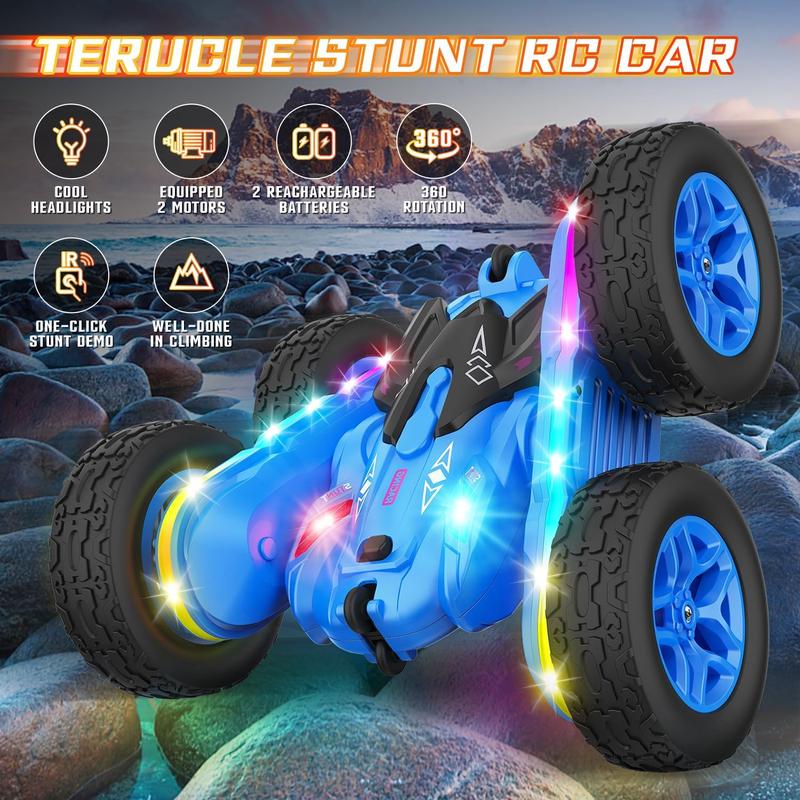 Remote Control Car, Rc Cars Stunt RC Car Toys New Upgraded Strip Lights and Headlights Car Toys Double-Sided 360 Rotating 4WD Rc Drift Truck for Boys Girls Birthday Gift (Blue)