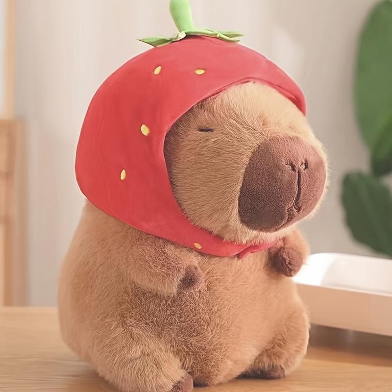 chiwushop 1pc Cuddly Capybara Plush Toy with Turtle Back, Festive Strawberry Hat, Soft Polyester Stuffed Animal, Perfect for Halloween, Thanksgiving, Easter, Christmas, Valentine'S Day, Birthday Gifts - Light Brown