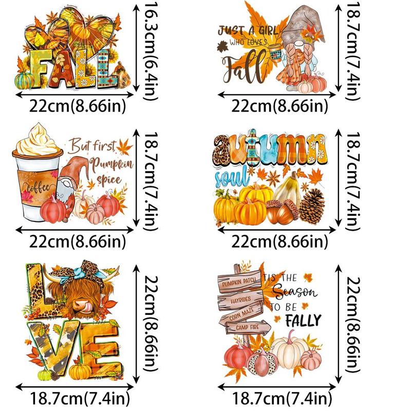 Fall Themed Heat Transfer Sticker, 6 Counts set DIY Washable Sticker, Heat Transfer Vinyl for DIY Clothes, Jeans, T-shirt, Bags, Hats