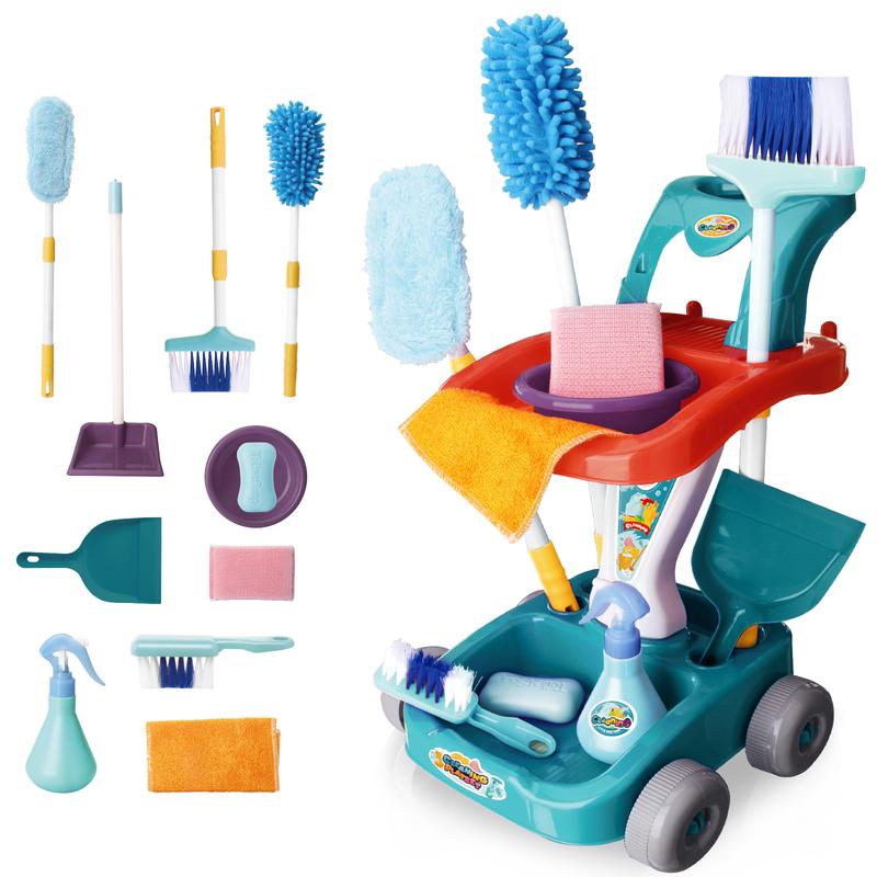 deAO Cleaning Set 12 PCS Pretend Play Detachable Housekeeping Cart with Broom,Dust Pan,Spray Bottle House Cleaning Tools Toys,Broom and Mop Set