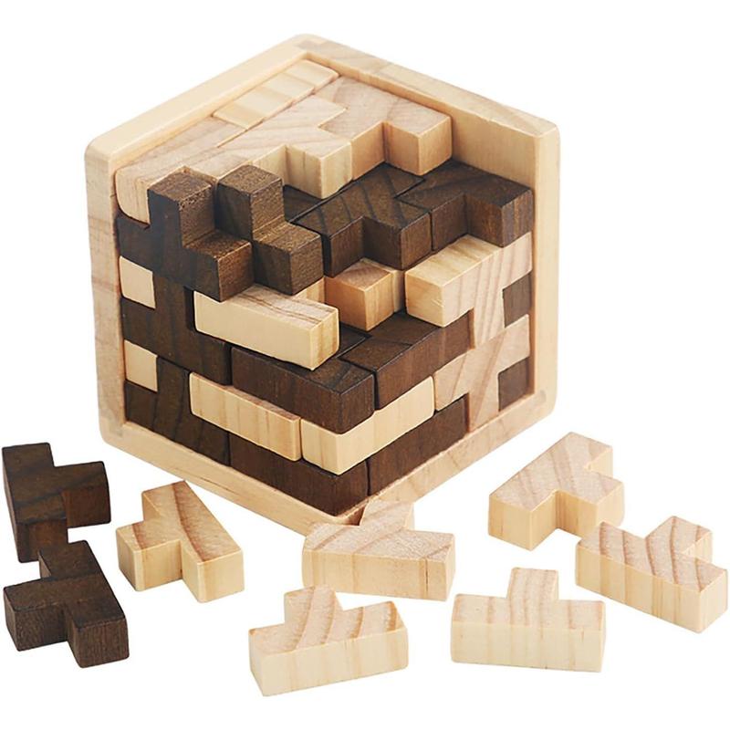 Wooden Brain Teaser Puzzle Cube Wooden Puzzles T-Shaped Jigsaw Logic Puzzle Educational Toy for Kids and Adults by AHYUAN (Brown and Natural)