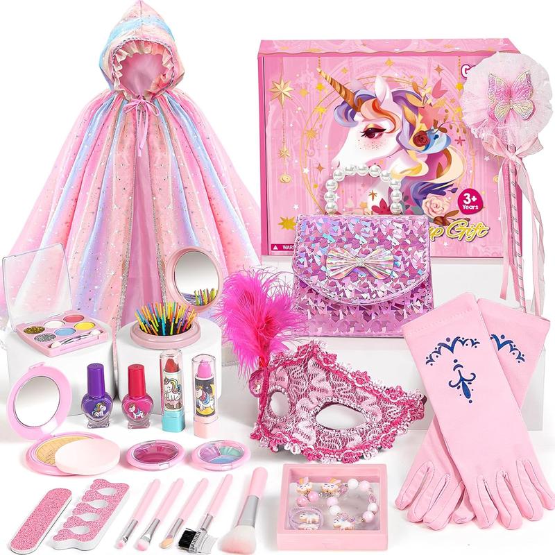 Christmas gift Unicorn Gifts for Girls Toy Kids Makeup Kit with Princess Dress Up Set & Cloak & Purse & Mask & Real Make up & Jewelry, Birthday Gift Toy for Little Girl Toddlers Age 3 4 5 6 7 8 Year Old