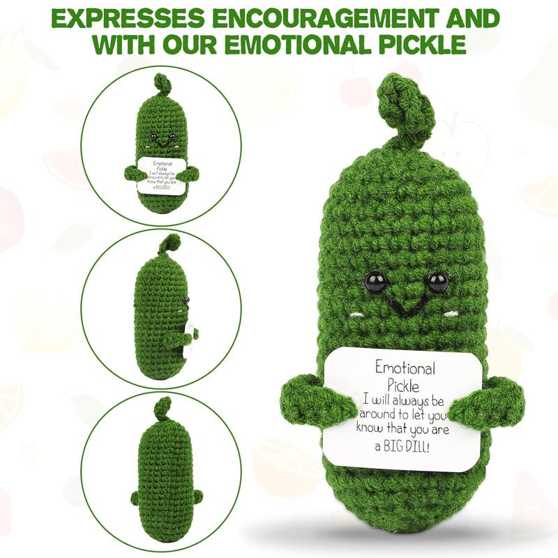 Handmade Emotional Positive Pickle Gift, Cucumber Crochet Doll Inspirational Gifts with Cards, Cute Knitted Cucumber Mini Funny Support Pickle Potato Friend Birthday Gifts (Emotional Pickle)