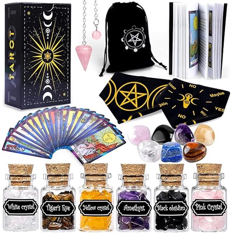 18-Piece Tarot Card Set | 78 Cards, Crystal Jars, Chakra Stones, Pendulum, Cloth & Velvet Bag | Beginner-Friendly Guide Book