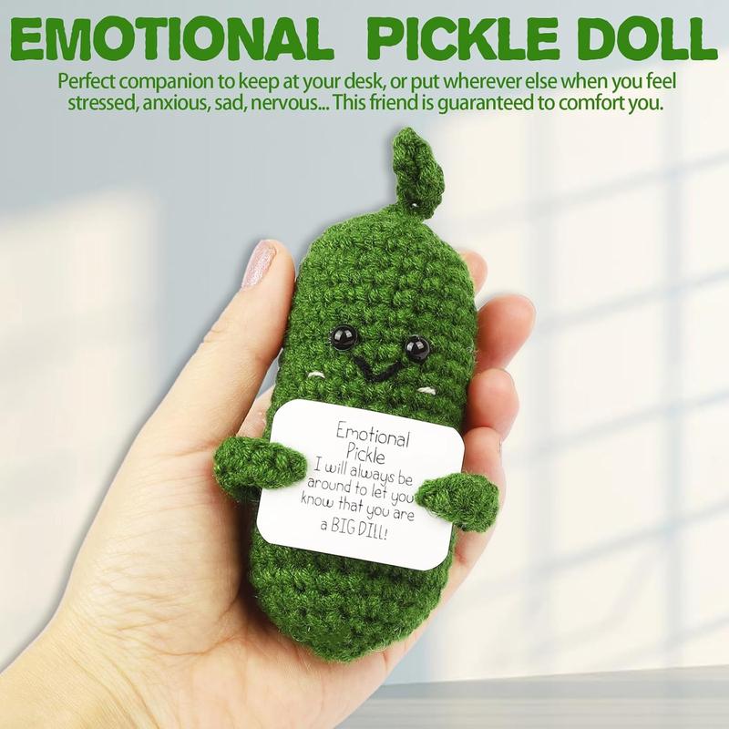 Handmade Emotional Positive Pickle Gift, Cucumber Crochet Doll Inspirational Gifts with Cards, Cute Knitted Cucumber Mini Funny Support Pickle Potato Friend Birthday Gifts (Emotional Pickle)