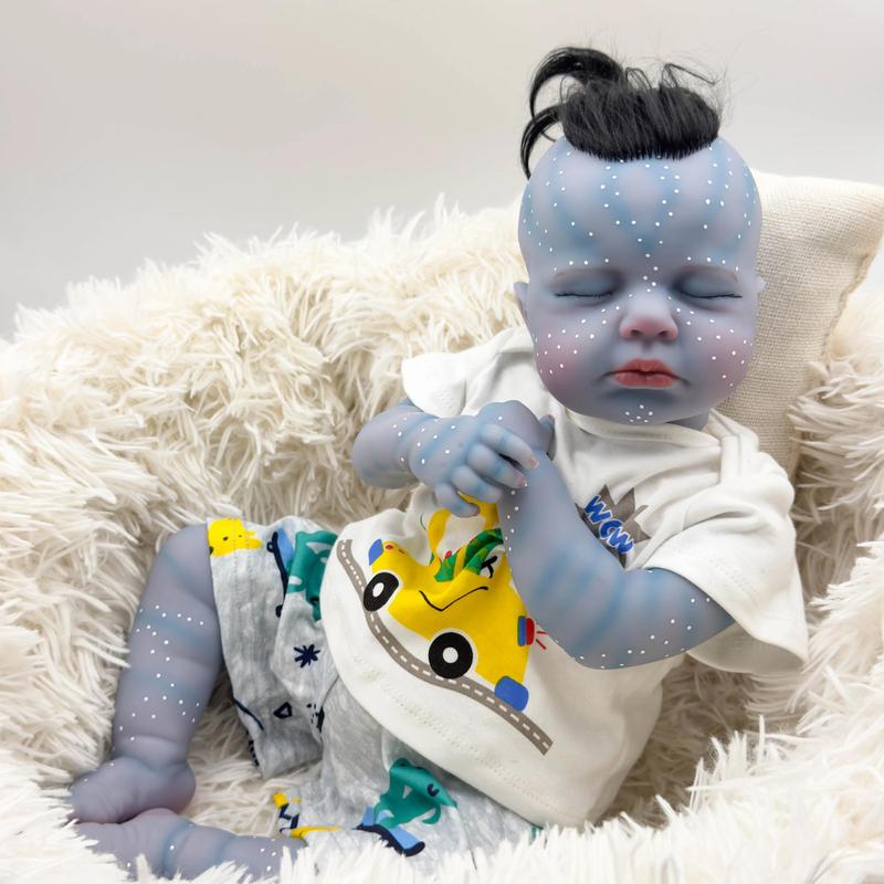 An Avatar-inspired reborn doll, 19 inches tall, handmade in vinyl, with realistic newborn skin textures and visible blood vessels, hair implants, suitable for children 3-6 years old - beige cloth body collection doll