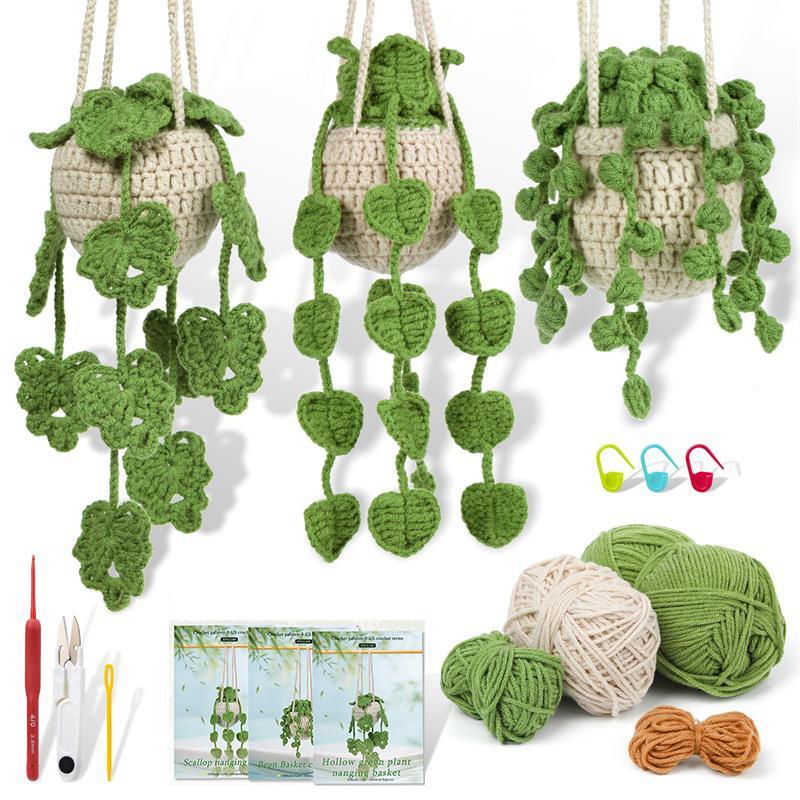 Hanging Flower Crochet Kit, 3 Counts set Crochet Starter Kit with Step-by-Step Instructions & Video Tutorials, Complete Crochet Kit for Beginners, DIY Crochet Supplies, Christmas Gift