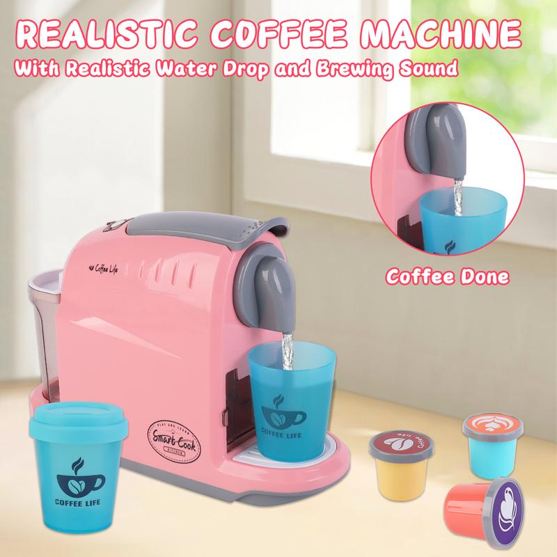 deAO Pretend Play Coffee Machine Toy, Play Store with Register Toy and Toys Coffee Shop Coffee Set with Waffles and Plates Play Food Toys Gift