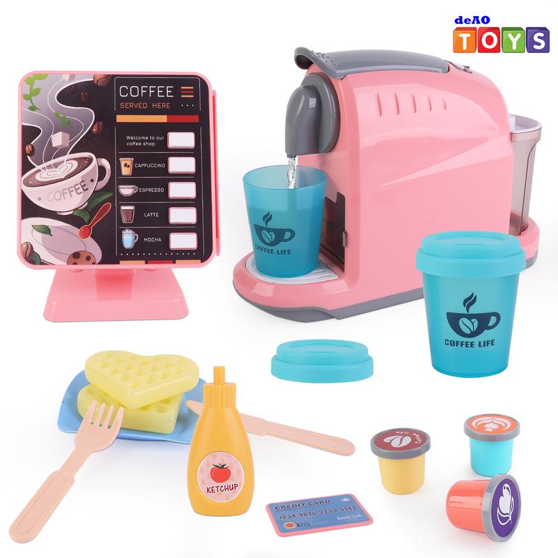 deAO Pretend Play Coffee Machine Toy, Play Store with Register Toy and Toys Coffee Shop Coffee Set with Waffles and Plates Play Food Toys Gift