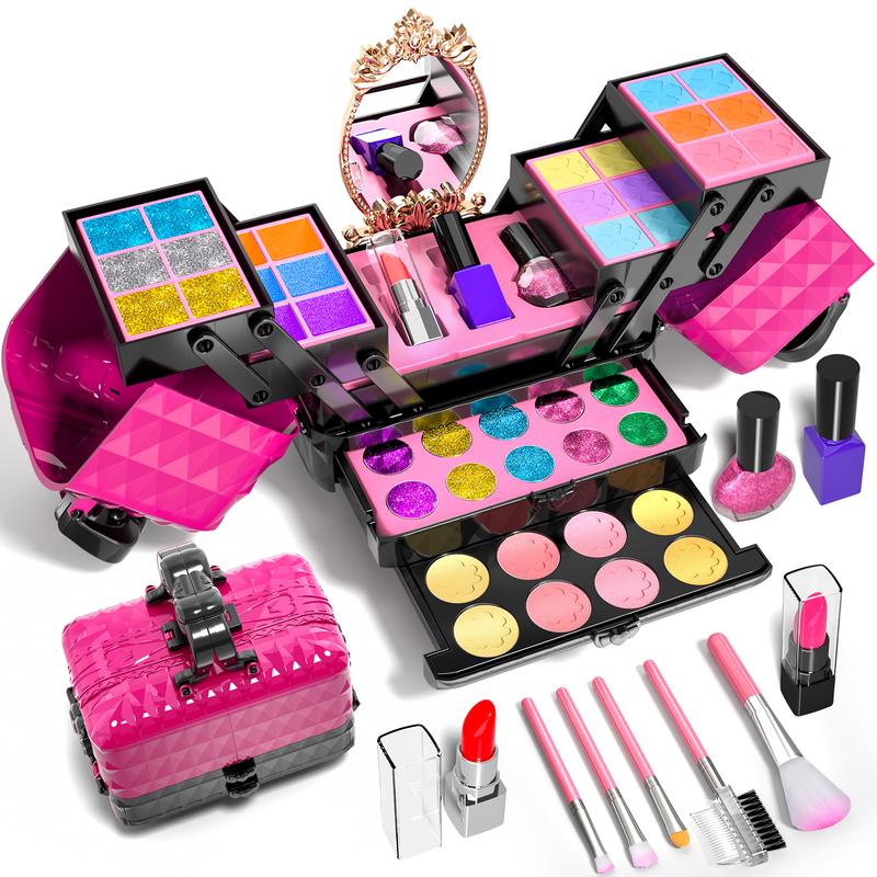 Real Washable Pretend Play Cosmetic Set Toys,  Pretend Play Makeup Kit with Mirror