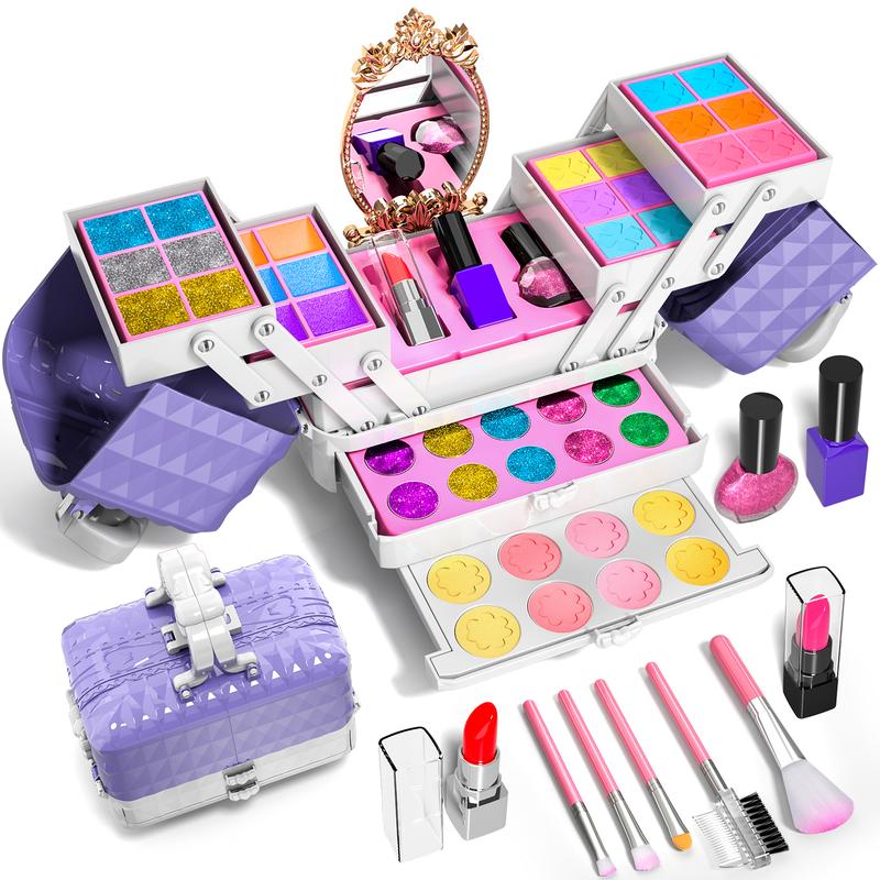 Real Washable Pretend Play Cosmetic Set Toys,  Pretend Play Makeup Kit with Mirror