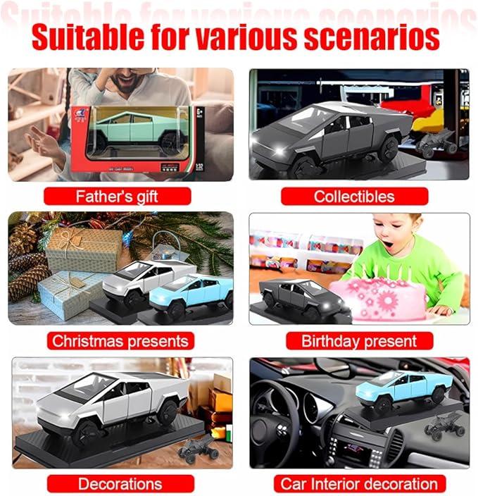 1:32 Tesla Cybertruck Pickup Truck Toy Model with Pull-Back Action, Sound & Lights – Durable, Detailed Design, Ideal for Kids & Toy Car Collectors