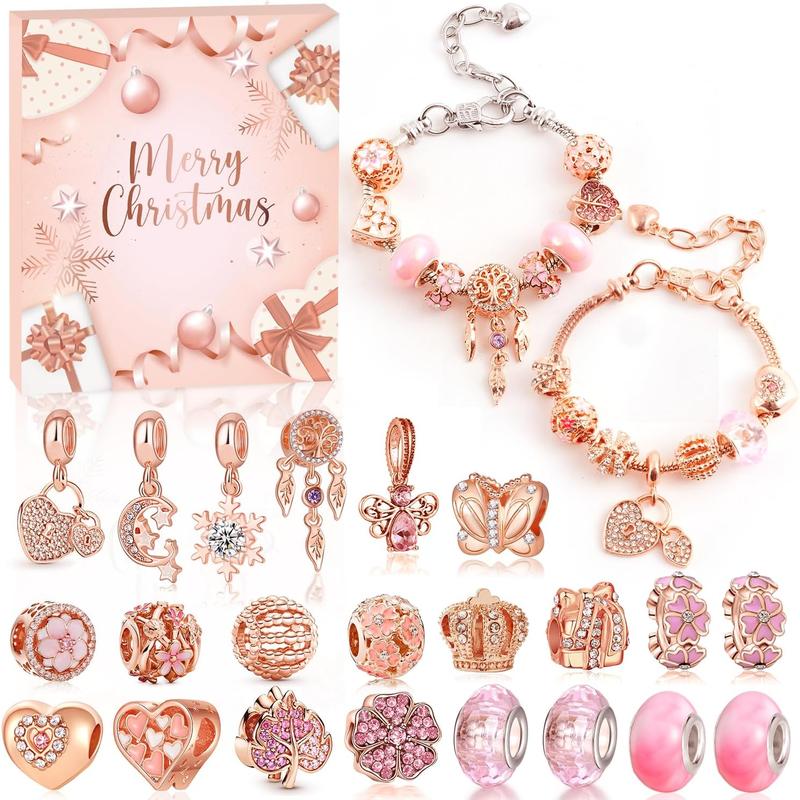 2024 Christmas Advent Calendar for Girls - 24 Days of DIY Rose Gold Charm and Pendants Bracelets Jewelry Kit