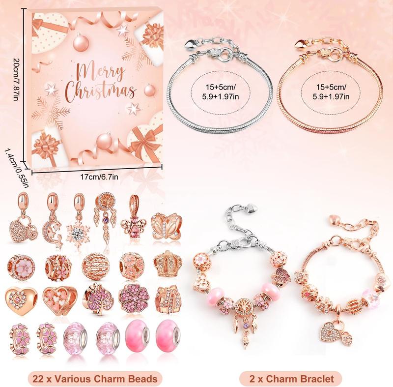 2024 Christmas Advent Calendar for Girls - 24 Days of DIY Rose Gold Charm and Pendants Bracelets Jewelry Kit