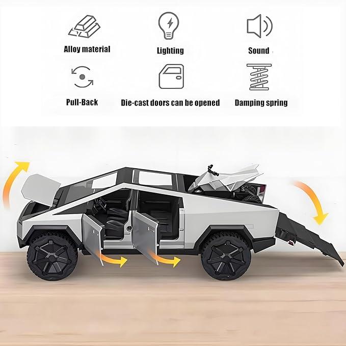 1:32 Tesla Cybertruck Pickup Truck Toy Model with Pull-Back Action, Sound & Lights – Durable, Detailed Design, Ideal for Kids & Toy Car Collectors