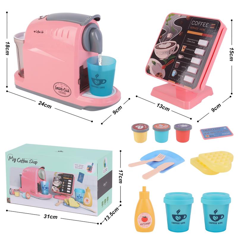 deAO Pretend Play Coffee Machine Toy, Play Store with Register Toy and Toys Coffee Shop Coffee Set with Waffles and Plates Play Food Toys Gift