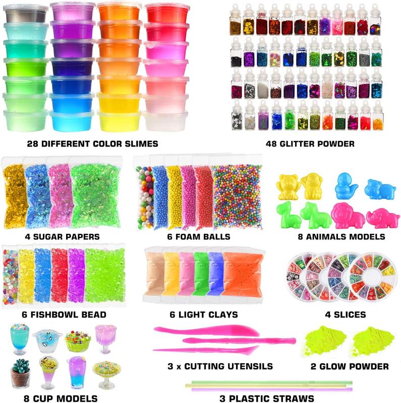 Christmas gift 126 Pcs DIY Slime Making Kit for Girls Boys - Birthday Idea for Kids Age 5+. Ultimate Slime Supplies Include 28 Crystal Slime, 2 Glow in The Dark Powder, 48 Bottle Glitter Jar etc.