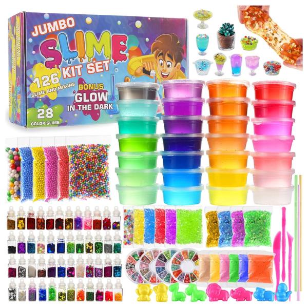 Christmas gift 126 Pcs DIY Slime Making Kit for Girls Boys - Birthday Idea for Kids Age 5+. Ultimate Slime Supplies Include 28 Crystal Slime, 2 Glow in The Dark Powder, 48 Bottle Glitter Jar etc.