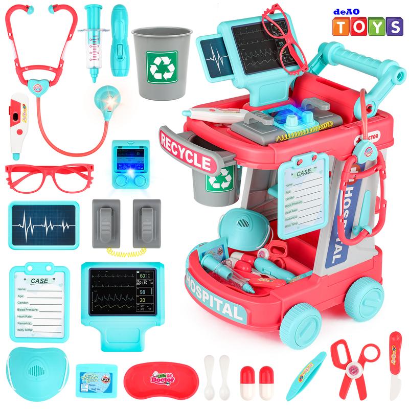 deAO Doctor Cart Kit Toy Pretend Doctor Playset with Stethoscope and Medical Instruments Role Play Medical Station Set