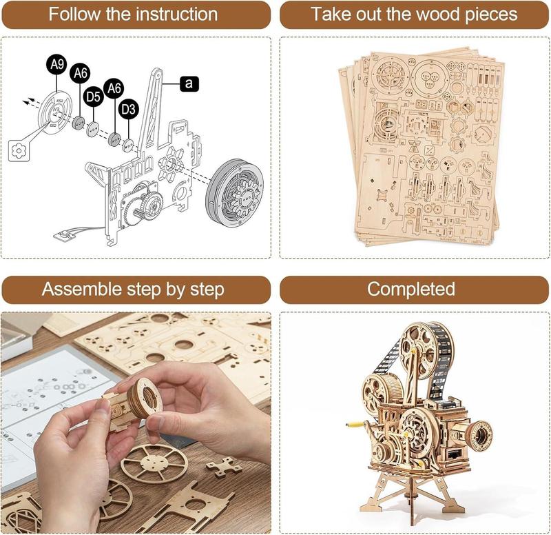 Rowood 3D Puzzle for Adults DIY Wooden Model Kit to Build Handheld Film Mechanical Gear Building Set Birthday Gifts Halloween Gifts Christmas Gifts