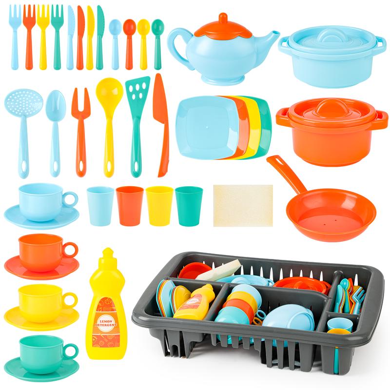 deAO 41PCS Play Dishes Pretend Play Kitchen Set Tableware Dishes Playset with Drainer