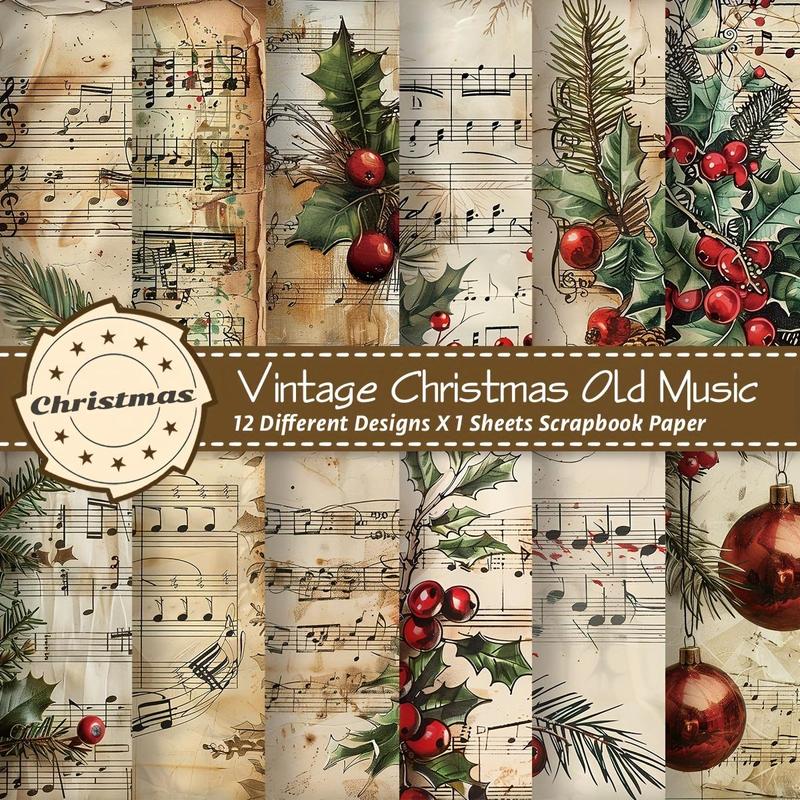 Christmas Vintage Sheet Music Scrapbook Paper, 12pcs set 6x6 Inch Scrapbook Paper, DIY Cards, Origami, and Junk Journals