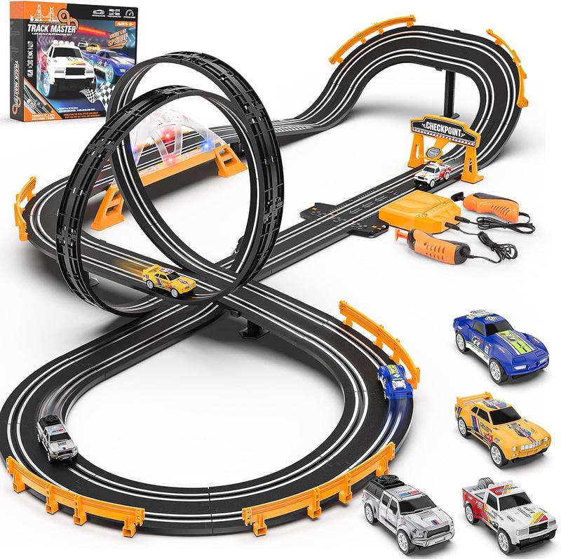 Slot Car Race Track Sets with 4 Slot Cars, Electric Race Car Track Include Slope Circular Overpass Track, Dual Racing Game Featuring Flash Bridge and Pendulum, Gifts Toys for Boys Kids Age 6 7 8-12 Electric Dual Racing Slot Car Set toy  tracks