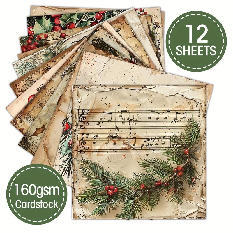 Christmas Vintage Sheet Music Scrapbook Paper, 12pcs set 6x6 Inch Scrapbook Paper, DIY Cards, Origami, and Junk Journals