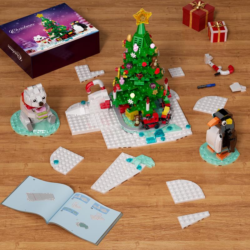 2024 Newest Christmas Tree Building Blocks Set with Penguin, Polar Bear and Little Train, LED Lighting Included, Perfect Halloween Toys and Gifts for Fans and Kids (802 pcs)