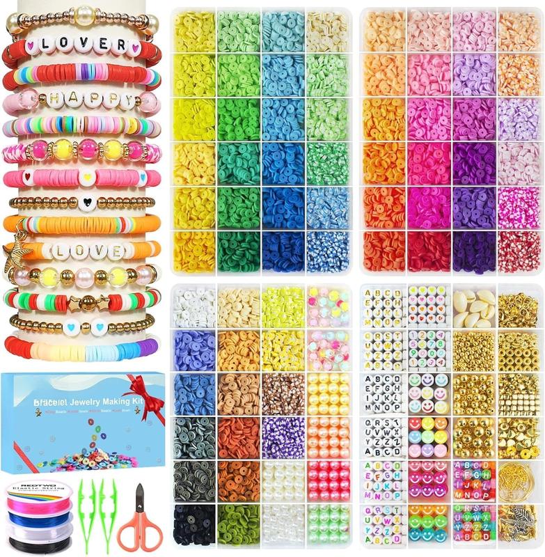 18000 count Clay Beads Bracelet Making Kit, 4 Boxes 64 Colors Flat Polymer Heishi  with Gift Pack, Friendship Bracelet for Girls