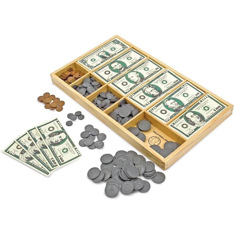 Melissa & Doug Play Money Set - Educational Toy With Paper Bills and Plastic Coins (50 of Each Denomination) and Wooden Cash Drawer for Storage