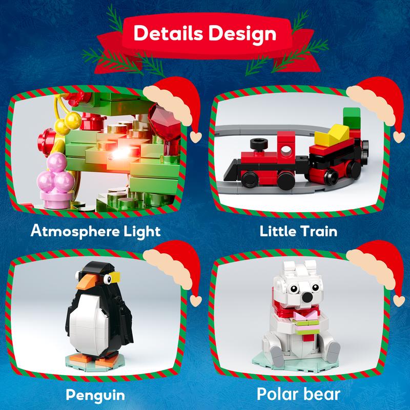 2024 Newest Christmas Tree Building Blocks Set with Penguin, Polar Bear and Little Train, LED Lighting Included, Perfect Halloween Toys and Gifts for Fans and Kids (802 pcs)