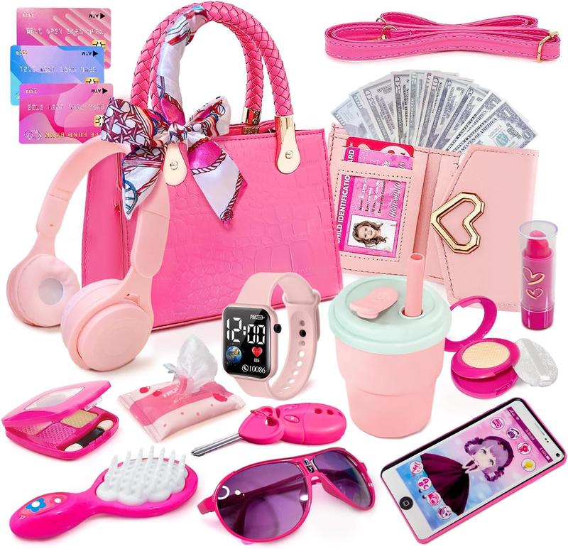 Christmas gift Little Girl Purse with Pretend Makeup for Toddlers, Kids Play Purse Set - Includes Handbag, Pretend Play Headset, Wallet, Phones, Sunglasses, Keys, Credit Cards, Birthday Gift for Girls Age 3+