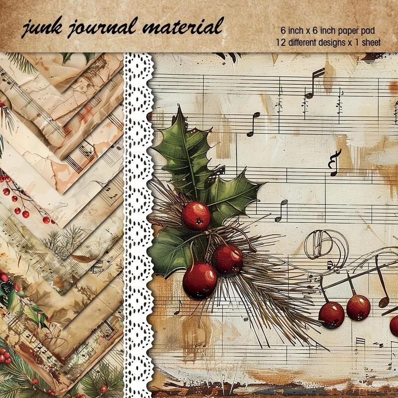 Christmas Vintage Sheet Music Scrapbook Paper, 12pcs set 6x6 Inch Scrapbook Paper, DIY Cards, Origami, and Junk Journals