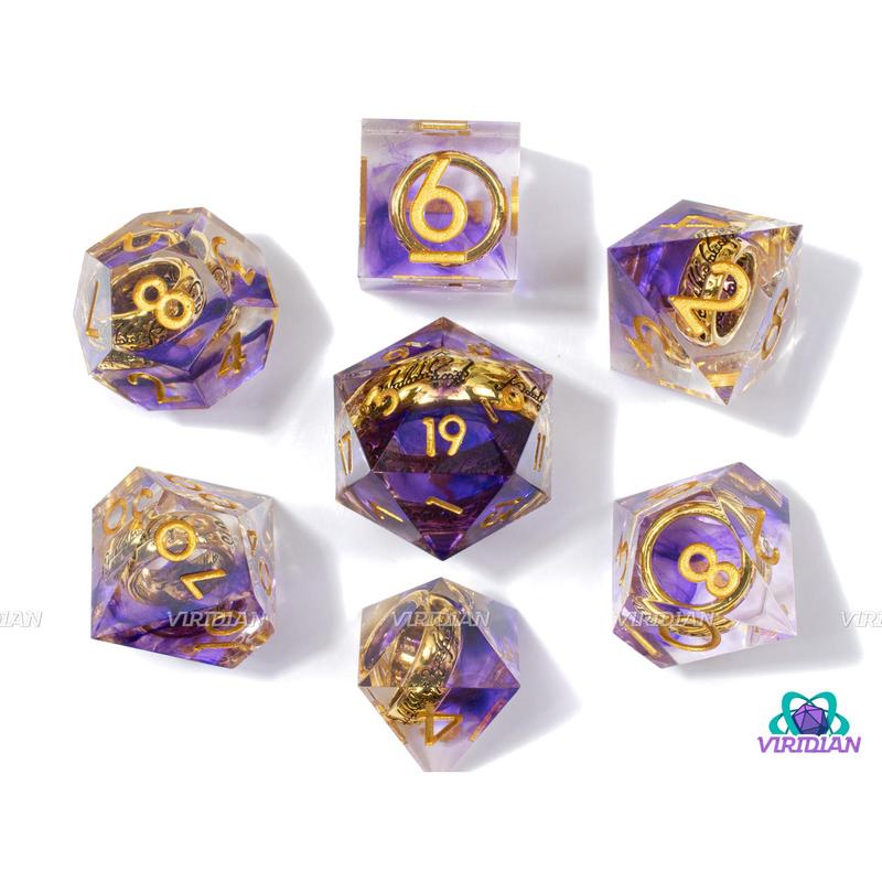 Misty Mountains | Transparent Clear Sharp Edge, Purple Swirl, Gold LOTR Ring | Resin Dice Set (7)