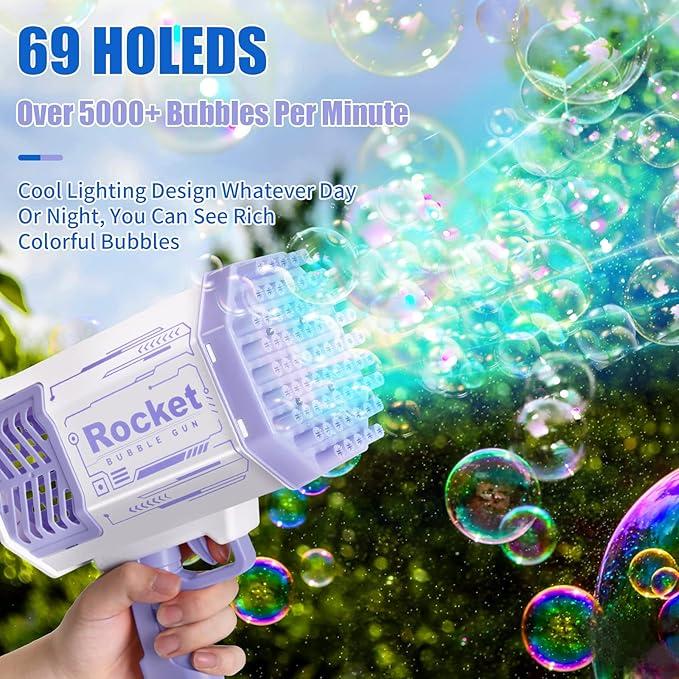 Bubble Machine Blaster - Purple Bubble Gun for Kids, , Automatic Bubble Machine Gun with 69 Holes, LED Lights, 5000 Bubbles per Minute, Funny Bubble Blaster Gun for Outdoor Activity