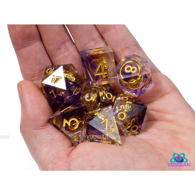 Misty Mountains | Transparent Clear Sharp Edge, Purple Swirl, Gold LOTR Ring | Resin Dice Set (7)